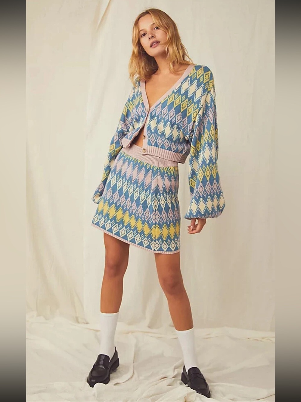 Free People Pastel Argyle/Diamond Knit Cardigan & Skirt Set - Blue, Pink, Yellow